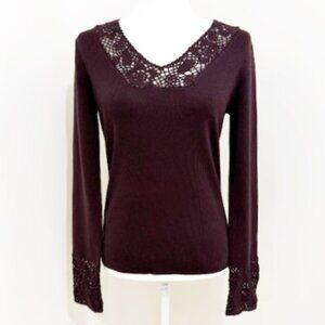 Ann Taylor Loft Merino Wool Cashmere Sweater Crochet Accents Burgundy Size M NWT